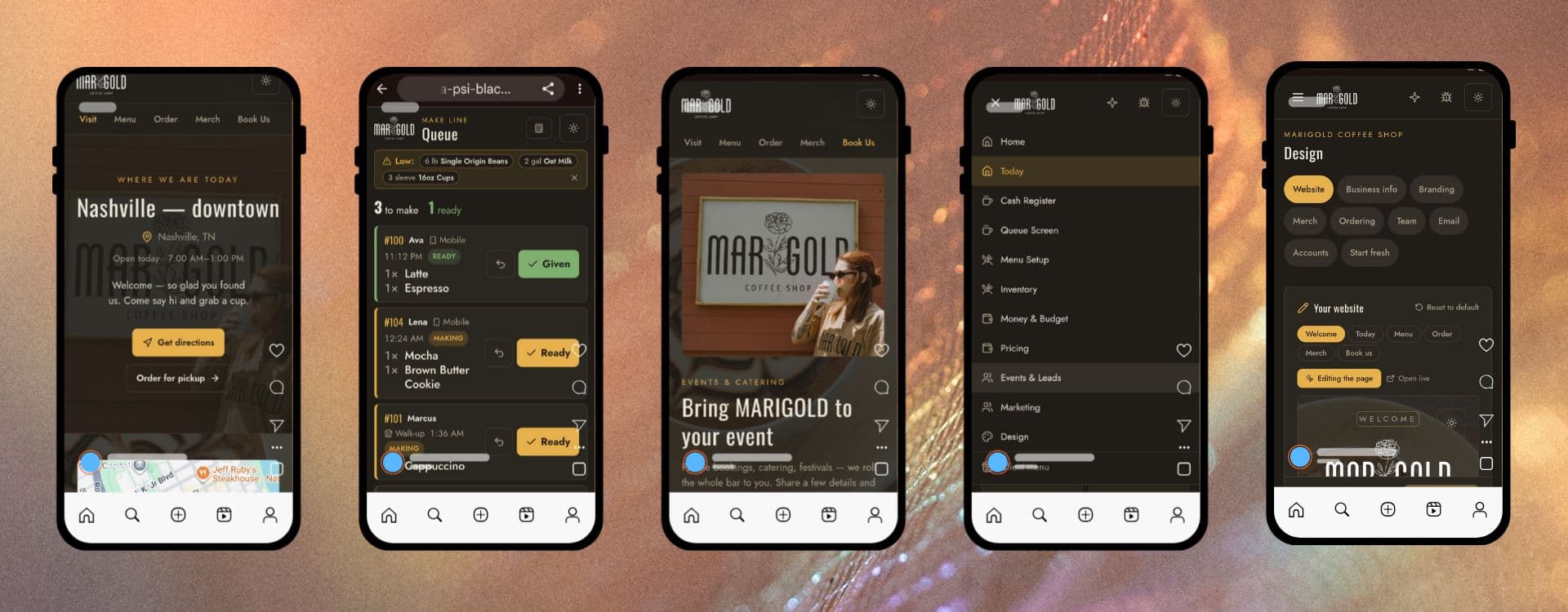 Java's storefront, order queue, booking page, admin menu and website editor, on five phones